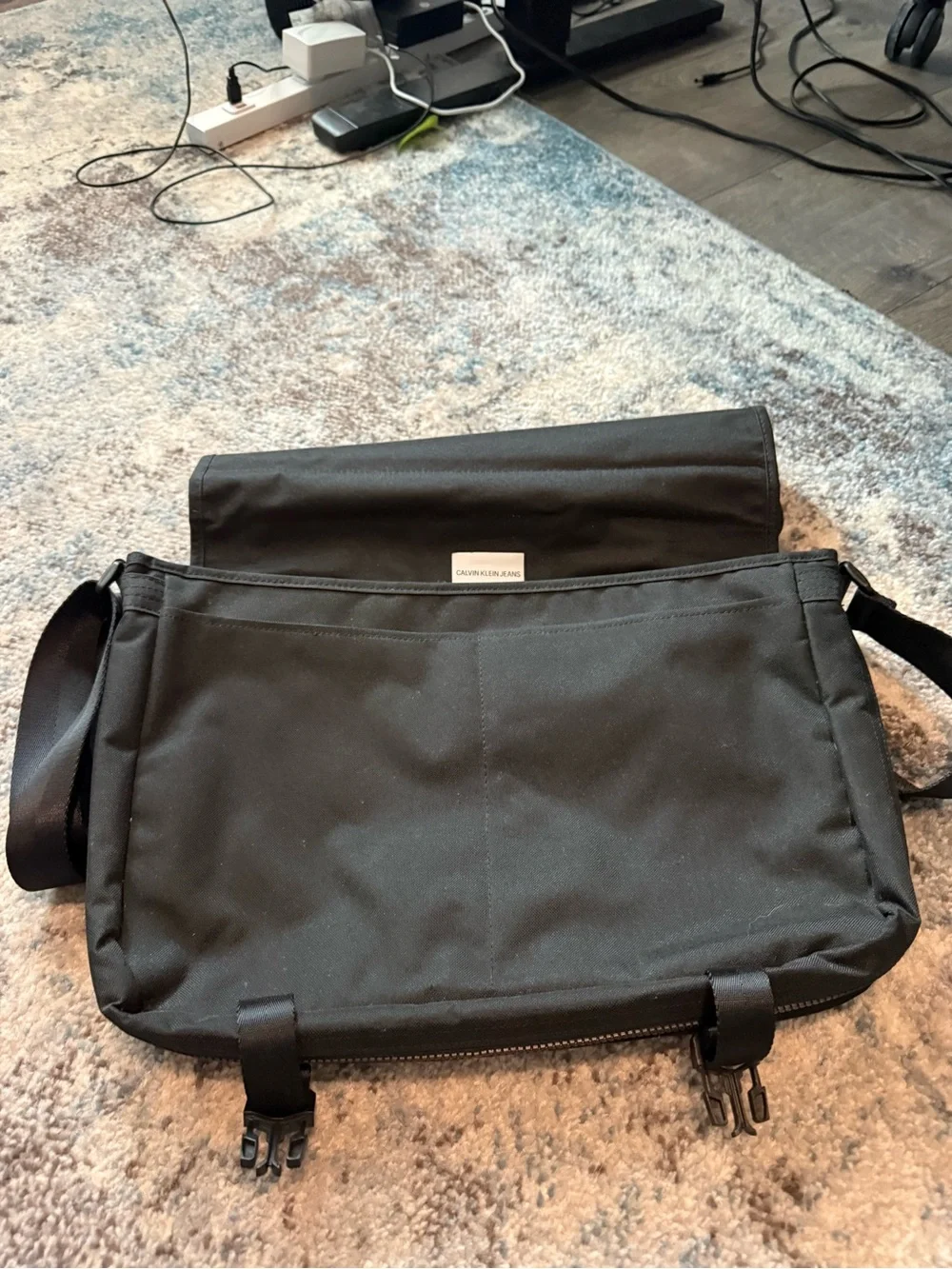 Calvin Klein Jeans Black Men's Messenger Bag with Shiny Logo Patch